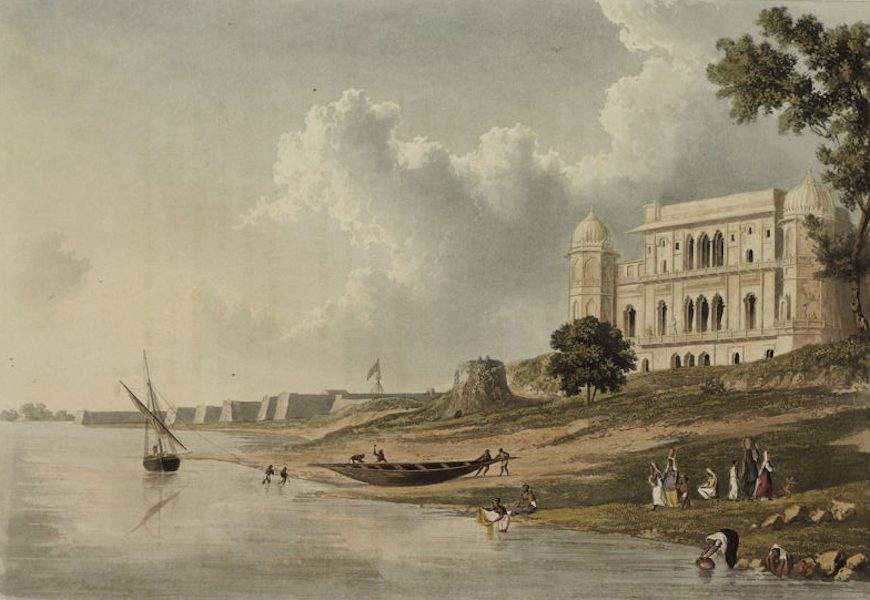 A Picturesque Tour Along the Rivers Ganges and Jumna, in India - Raj Ghaut and Fort of Allahabad, at the confluence of the Ganges and Jumna Rivers (1824)
