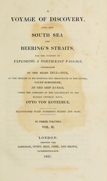 A Voyage of Discovery, into the South Sea and Beering's Straits Vol. 2 - Title Page (1821)