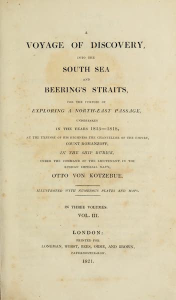 A Voyage of Discovery, into the South Sea and Beering's Straits Vol. 3 - Title Page (1821)