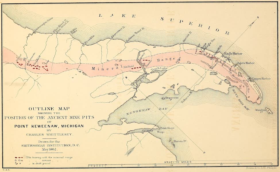 Ancient Mining on the Shores of Lake Superior - Outline Map Showing he Position of the Ancient Mine Pits of Keweenaw Point (1863)
