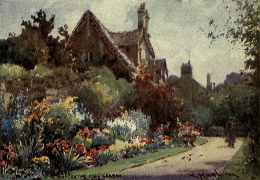 Artistic Colored Views of Oxford - Cottages in Worcester College Garden, Oxford (1900)