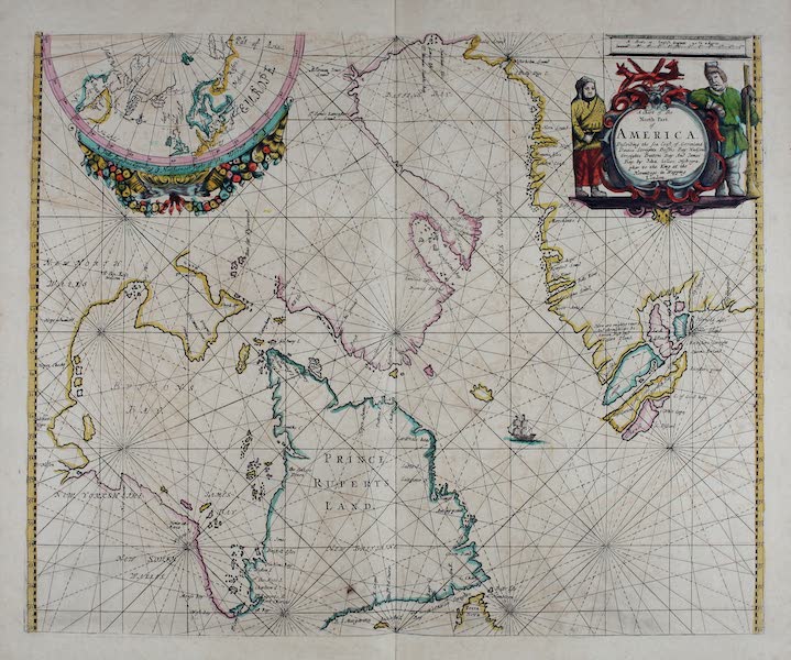 Atlas Maritimus, or a Book of Charts - A chart of the north part of America -- [Inset] A polar projection describing ye northermost parts of the world (1672)