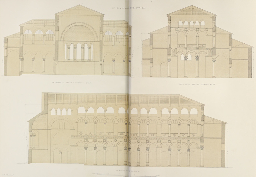 Byzantine Architecture - The Church of St. Demetrius at Thessalonica - Longitudinal and Transverse Sections (1864)