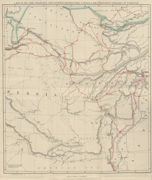 Clouds in the East - A Map of the Chief Strategical Lines of Route Between India and Persia and the Independent Khanates of Turkestan (1876)