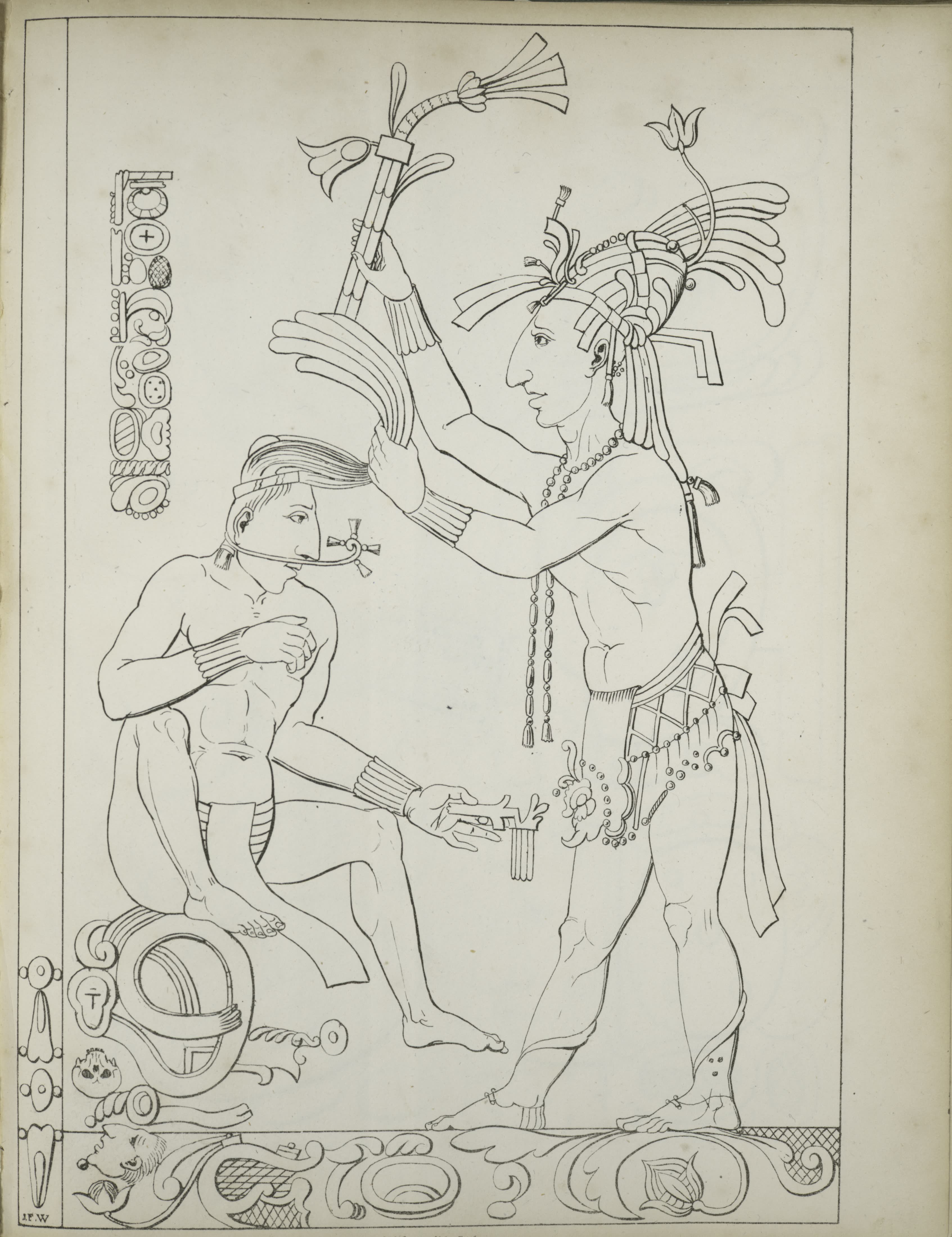 Description of the Ruins of an Ancient City - Two figures, one seated and one standing, with tools and decorative elements (1822)