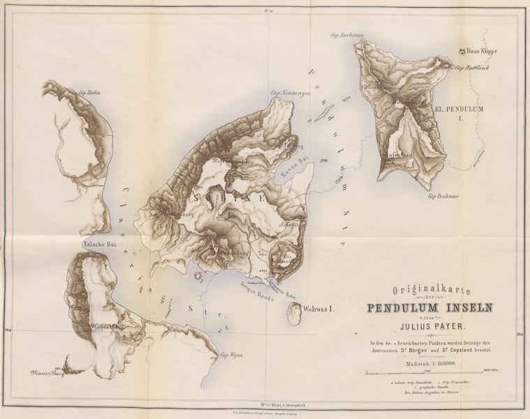 Die zweite Deutsche Nordpolarfahrt Vol. 1 - Originalkarte der Pendulum Inseln (1873)
