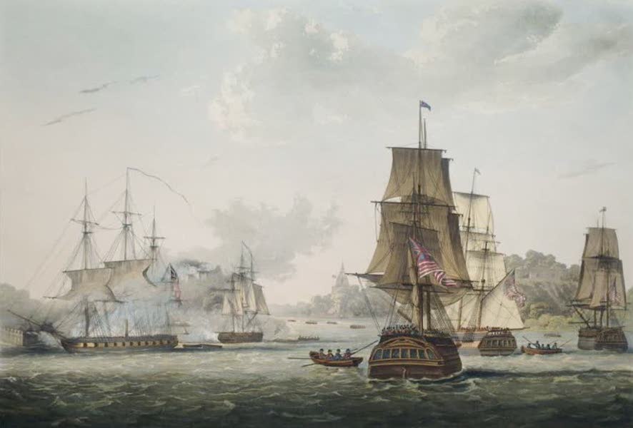 [H.M.S. Larne H.C. Compys] Mercury, Heroine, Carron & Lotus; Transports attacking the Stockades at the entrance of Bassein River on the 26th February 1825