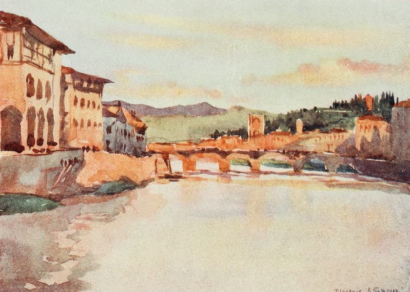 Florence & Some Tuscan Cities Painted and Described - View looking East from the Ponte Vecchio at Sunset, with the Hill of S. Miniato and the Ponte Alle Grazie (1905)