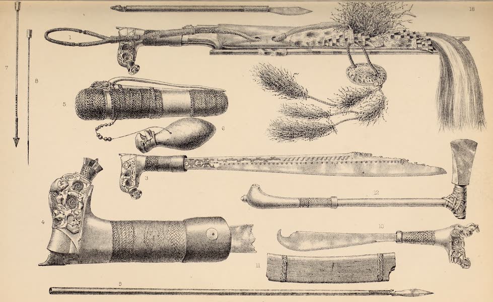 Head-Hunters of Borneo - Dayk Armes, Utensils, etc. (1882)