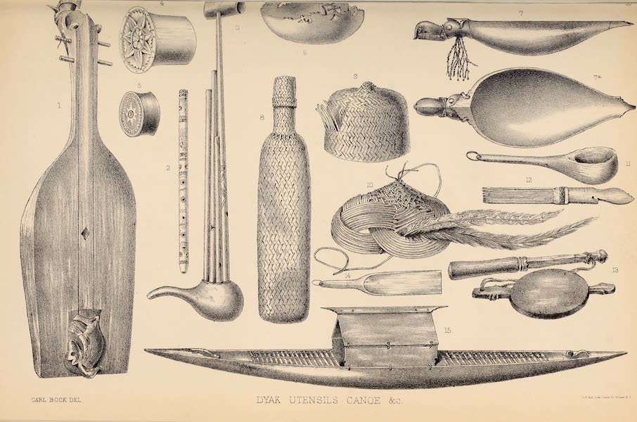 Head-Hunters of Borneo - Dyak Utensiles, Canoe, etc. (1882)