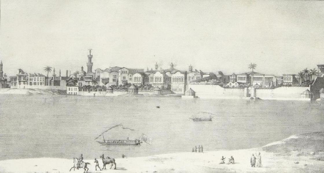 Histoire de l'Egypte sous le Gouvernement de Mohammed-Aly [Atlas] - Vue du Palais de Mohammed-Aly sur la Place de l'Ezbekyeh au Kaire prise a l'Epoque de l'Inondation (1823)