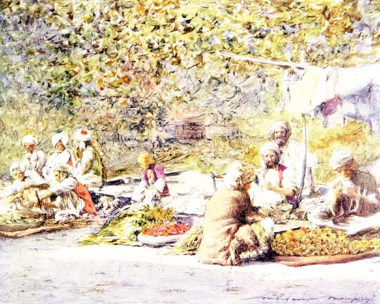 India by Mortimer Menpes - A Vegetable Market, Peshawur (1905)