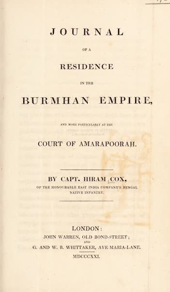 Journal of a Residence in the Burmhan Empire - Title Page (1821)