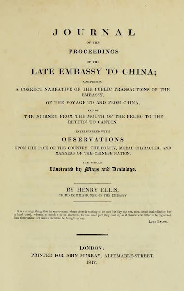 Journal of the Proceedings of the Late Embassy to China - Title Page (1817)