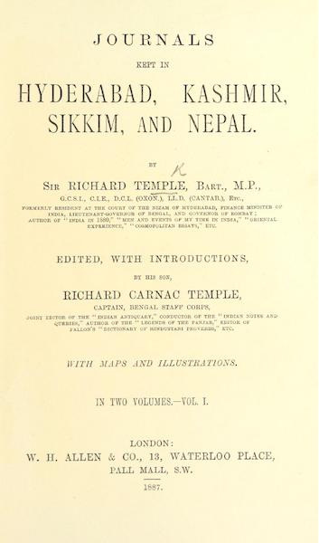 Journals Kept in Hyderabad, Kashmir, Sikkim, and Nepal Vol. 1 - Title Page (1887)