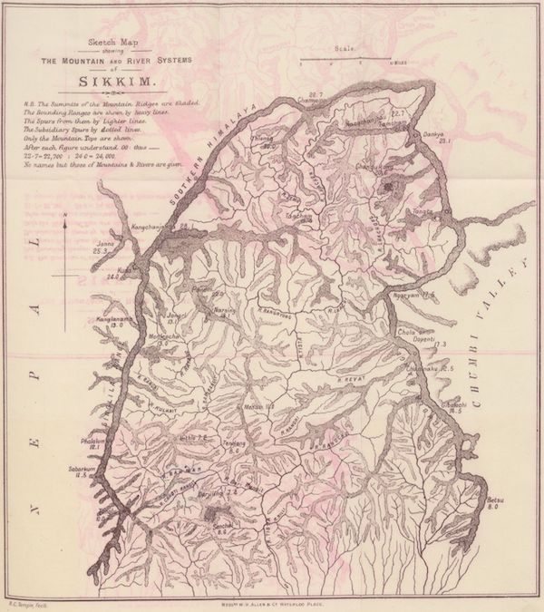 Journals Kept in Hyderabad, Kashmir, Sikkim, and Nepal Vol. 2 - Sketch Map Showing the Mountain and River Systems of Sikkim (1887)