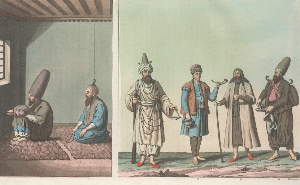 Le Costume Ancien et Moderne [Europe] Vol. 1, Pt. 3 - LII. Deux Dervisch penitens : Bektaschy voyageur : Rufay voyageuer : Calendery voyageur : Saca des Mewlewi (1823)