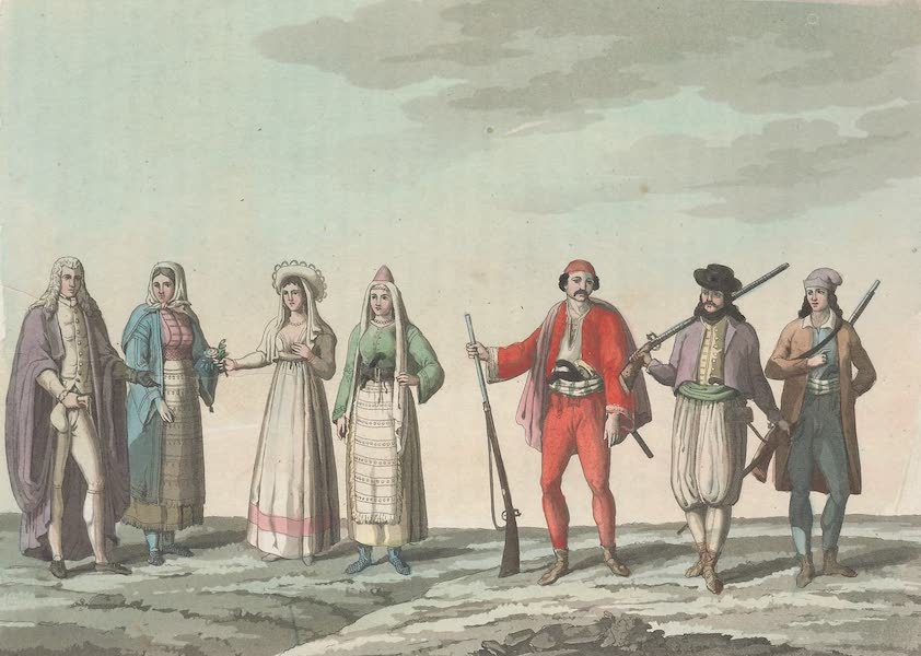 Le Costume Ancien et Moderne [Europe] Vol. 1, Pt. 3 - LXXIX. [N°s. 1-7] -- No. 1. Licanien -- No. 2. Licanienne -- No. 3. Dalmate -- No. 4. femme Dalmate -- No. 5. habitant de Cattaro -- No. 6. femme de Sabbioncello -- No. 7. Recteur de Raguse (1823)