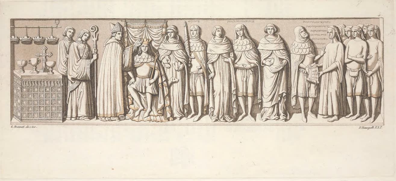 Le Costume Ancien et Moderne [Europe] Vol. 3, Pt. 1 - V. Ancienne sculpture dans cette basilique representant le couronnement d'un Roi d'Italie (1823)