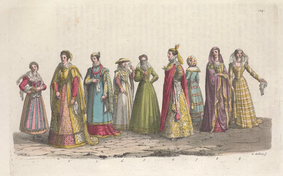 Le Costume Ancien et Moderne [Europe] Vol. 3, Pt. 2 - CXXIX. Habillemens des dames et des demoiselles de Mantoue, de Genes de Florence (1823)
