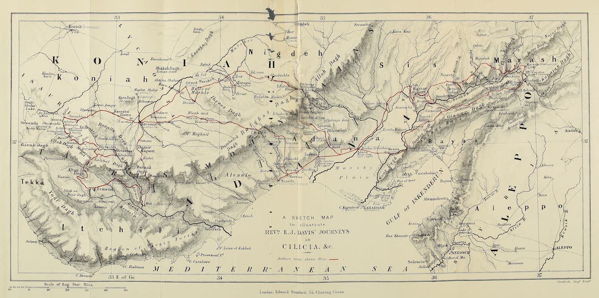 Life in Asiatic Turkey - A Sketch Map to Illustrate Revd E. J. Davis' Journey's in Cilicia &c. (1879)