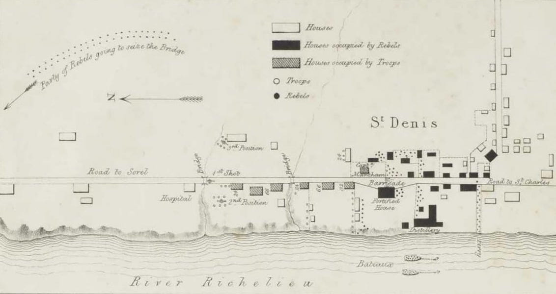 Lithographic Views of Military Operations in Canada - Explanatory Sketch of Col. Gores Operations at St. Denis (I) (1840)