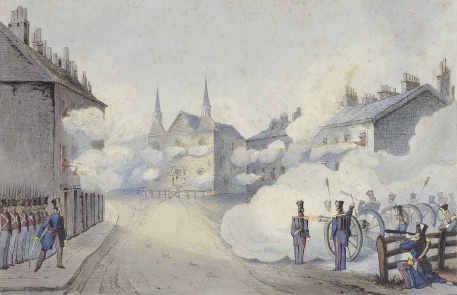 Lithographic Views of Military Operations in Canada - Front View of the Church of Saint-Eustache, Occupied by the Insurgents (1840)
