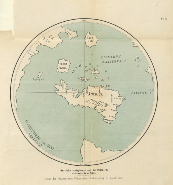 Magalhaes-Strasse und Austral-Continent - Westliche Hemisphaere nach der Weltkarte des Lionardo da Vinci (1881)