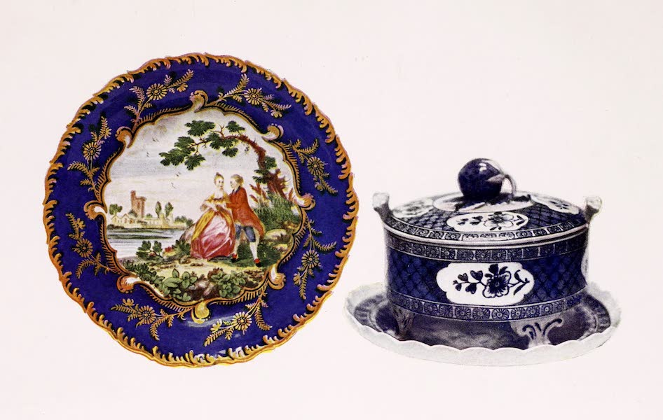 A Dish with Watteau-like Figures and a Blue and White Butter Dish