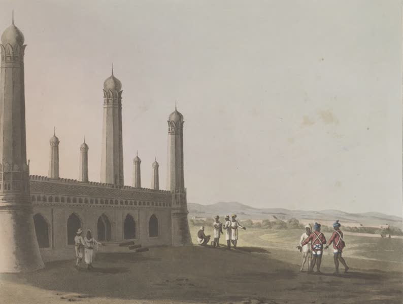 Picturesque Scenery in the Kingdom of Mysore - A View of Ouscottah, from an Eadgah [with Sepoys] (1805)