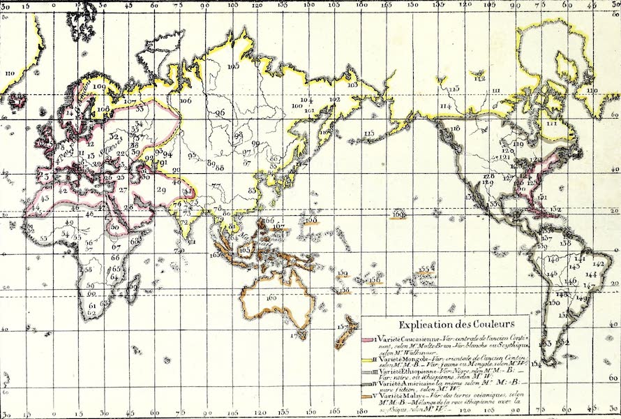 Porte-Feuille Geographique et Ethnographique [Atlas] - Carte des principales Varietes de l'espece humaine selon le systeme de Blumenbach (1820)