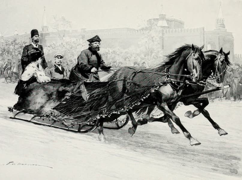 Russia, Painted and Described - A Sleigh with Blue Silk Net, to prevent the Snow from Spraying the Occupants ; the Kremlin in the Background (1913)