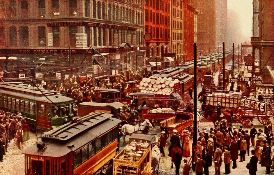 Souvenir of Chicago in Colors - A Busy Day on Dearborn and Randolph Streets (1910)