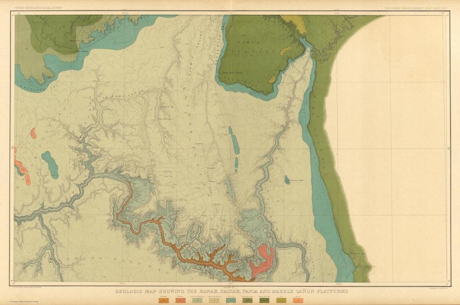 Tertiary History of the Grand Canon [Atlas] - Geologic Map Showing the Kanab, Paria and Marble Canon Platforms (1882)