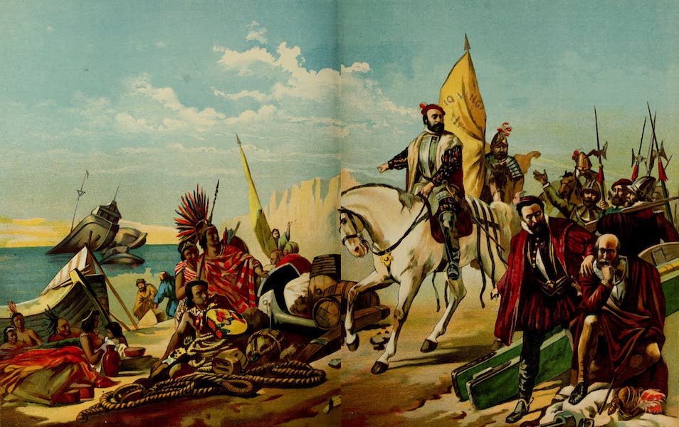 The Discovery and Conquest of the New World - Cortes cuts off all chances of his discontented followers abandoning the enterprise, by scuttling his ships. Painting by O. Graeff. (1892)