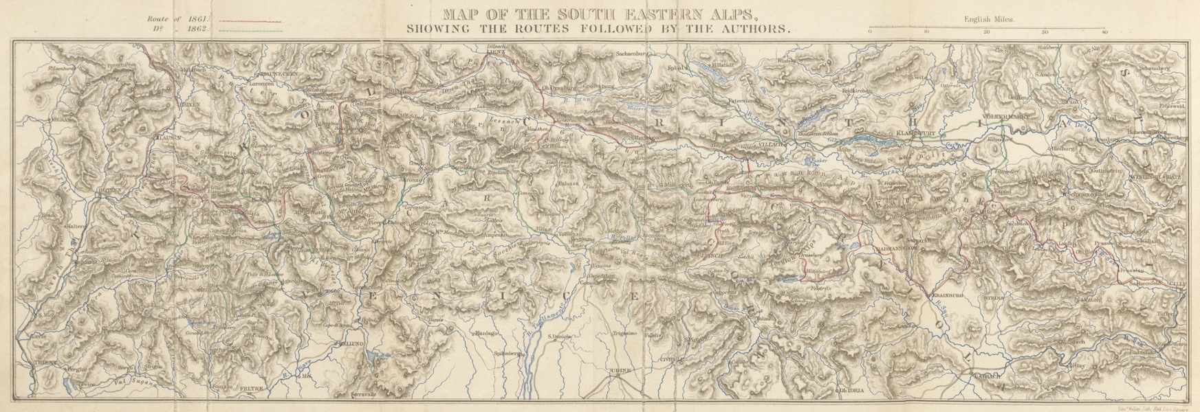 The Dolomite Mountains - Map of the South Eastern Alps Showing the Routes Followed by the Authors (1864)
