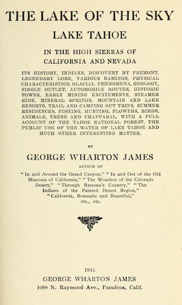 The Lake of the Sky, Lake Tahoe - Title Page (1915)