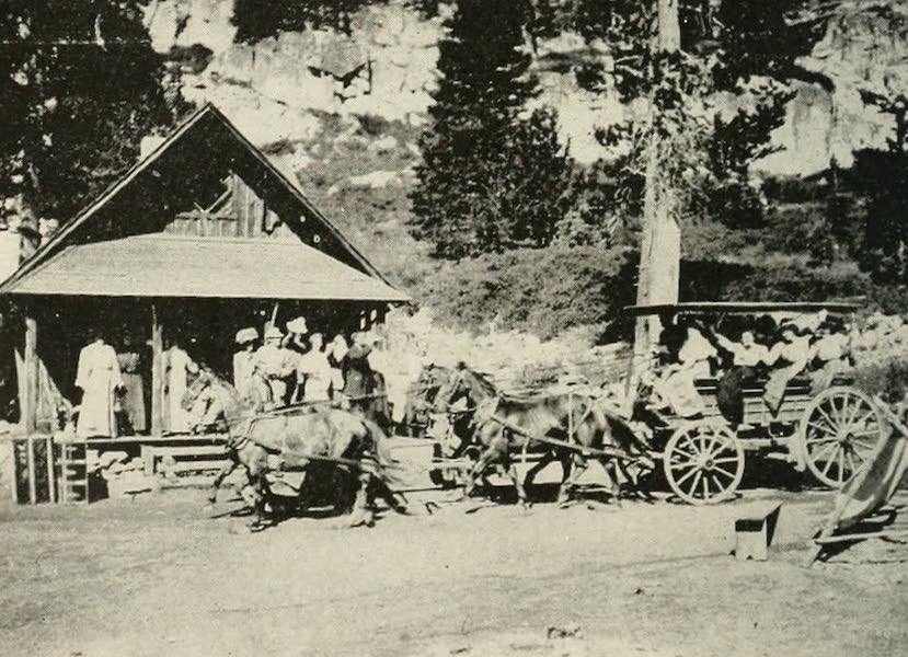 The Lake of the Sky, Lake Tahoe - In the 'Good Old Days'. Glen Alpine Stage approaching Office at Glen Alpine Springs (1915)