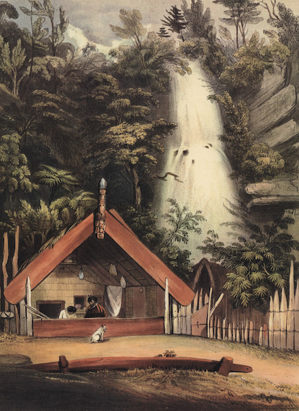 House of Hiwikau, mother of Te Heuneu, and Falls of Ko Waihi, at Te Rapa, Tanpo Lake