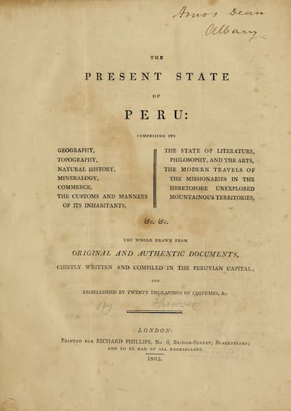 The Present State of Peru - Title Page (1805)