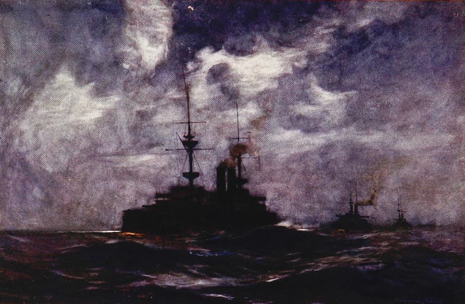 The Royal Navy, Painted and Described - Battleships Steaming at Night with all Navigation. Lights out (1907)