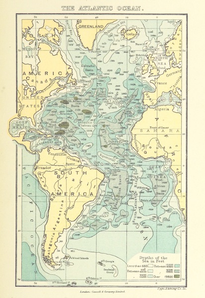 The Story of Our Planet - Map Showing the Contours of the Atlantic Ocean (1898)