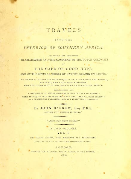 Travels into the Interior of Southern Africa Vol. 1 - Title Page (1806)
