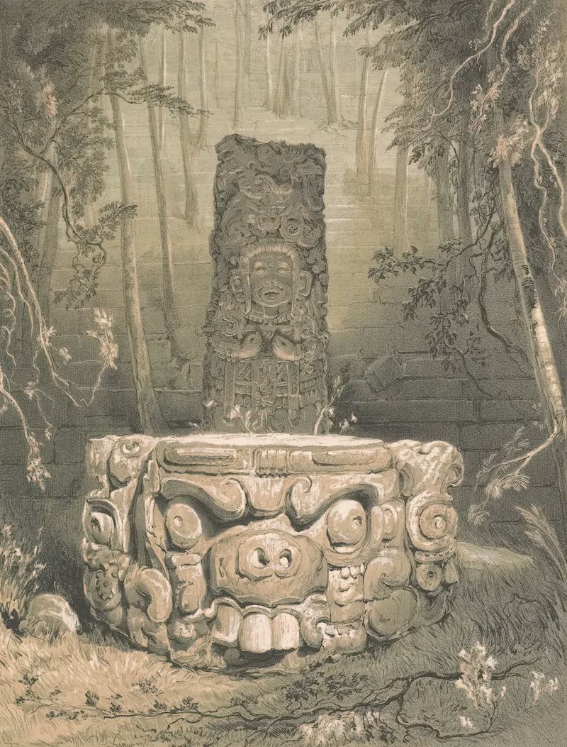 Views of Ancient Monuments in Central America - Idol and Altar at Copan (1844)