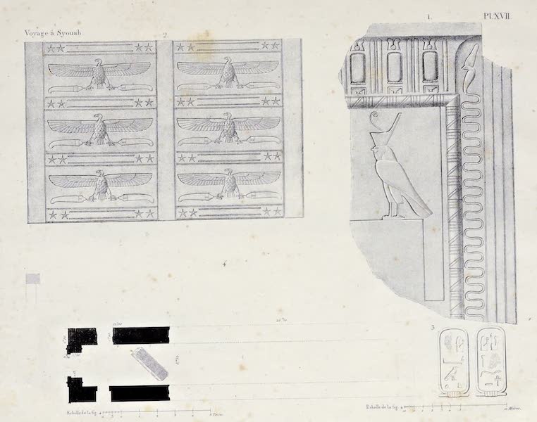 Voyage a l'Oasis de Syouah - 1, 2, 3 - Sculptures de la Porte et du Plafond du Temple d'Omm-Beyday. 4 - Plan du Temple (1823)