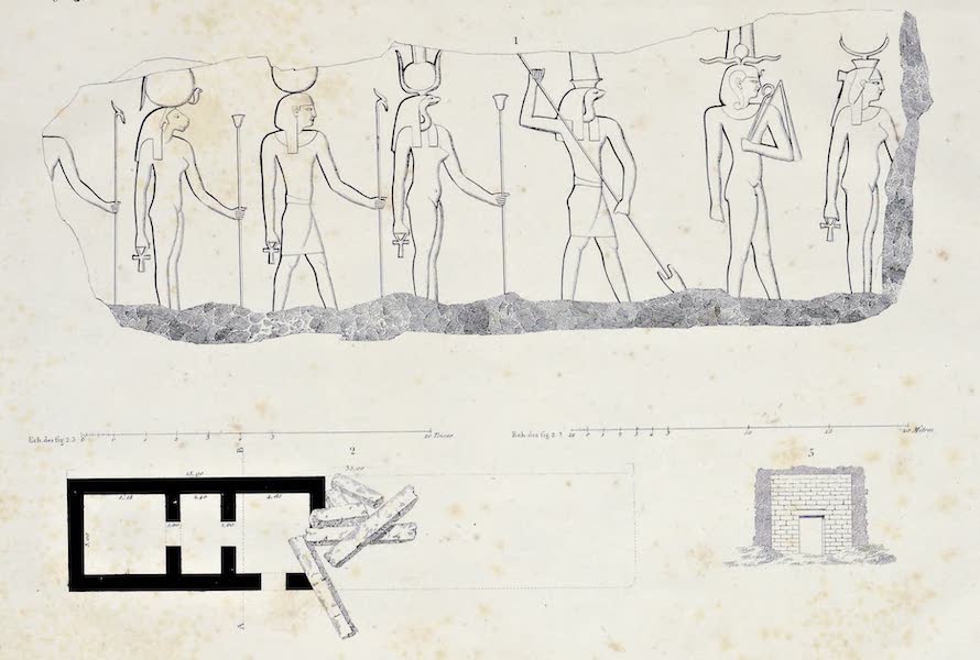 Voyage a l'Oasis de Syouah - Fragment du Temple d'Omm-Beydah. 2, 3 - Plan et Coupe de Deyr Roum (1823)