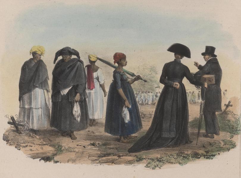 Voyage a Surinam - Vue du Cimetiere d'Orange a Paramaribo, hors la ville. Le cure, le fossoyeur nomme Krips, [et les esclaves] ... en deuil; dans le fond un convoi funebre (1839)