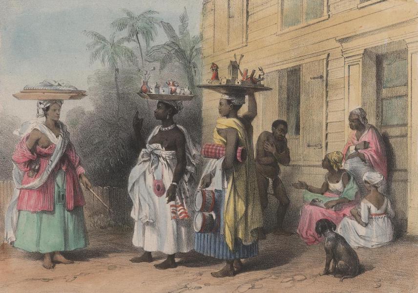 Voyage a Surinam - Trois marchandes a la toilette ou revendeuses, creole, negresse-creole et cabougle ou africaine; dans le fond, de petites marchandes de gateaux (1839)