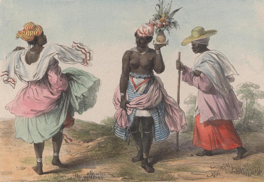 Voyage a Surinam - Une jeune negresse esclave, portant un bouquet pour une fete; a gauche, un missie ou menagere en grand costume; a droite, une vieille missie (1839)