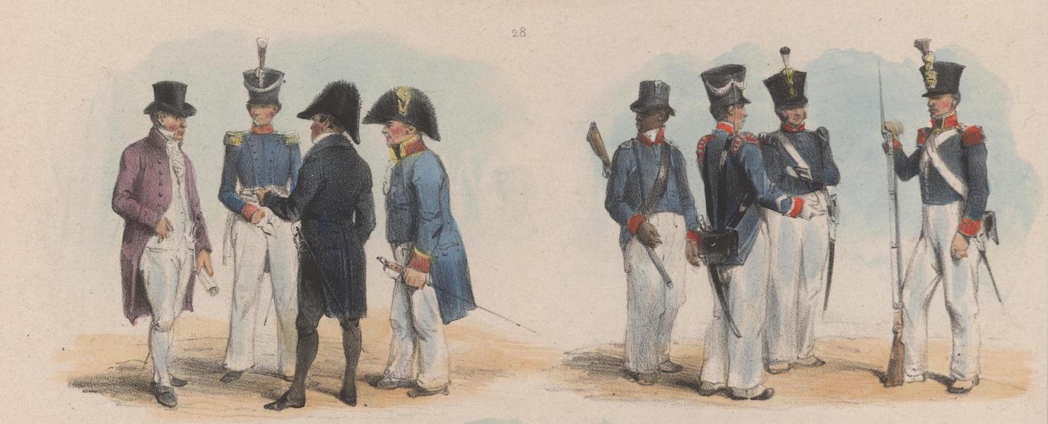 Voyage a Surinam - Quatre employes superieurs en grand costume. Troupes de la garnison, chasseurs et cannonniers, en un negre du corps affranchi (1839)